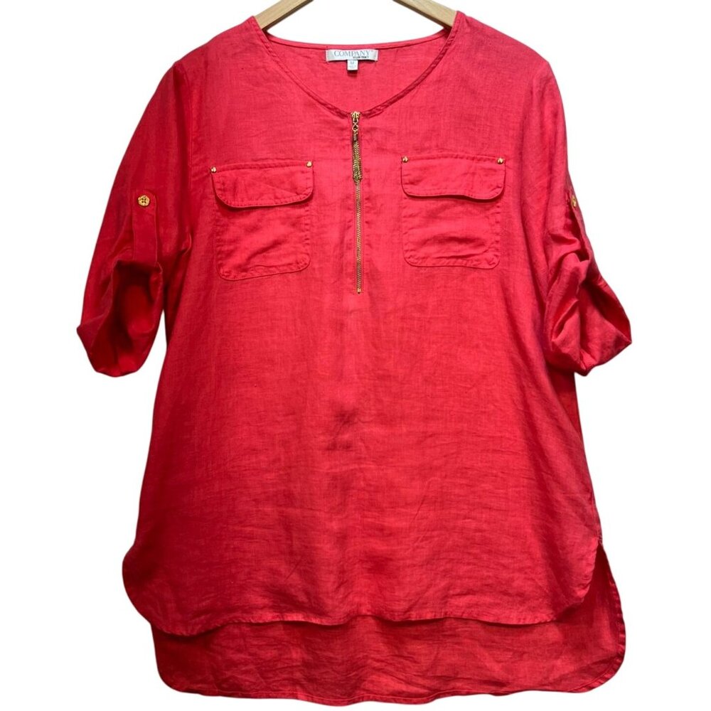 Company Ellen Tracy Women's Linen Tunic Top Roll Tab Sleeve Size M Calypso Coral